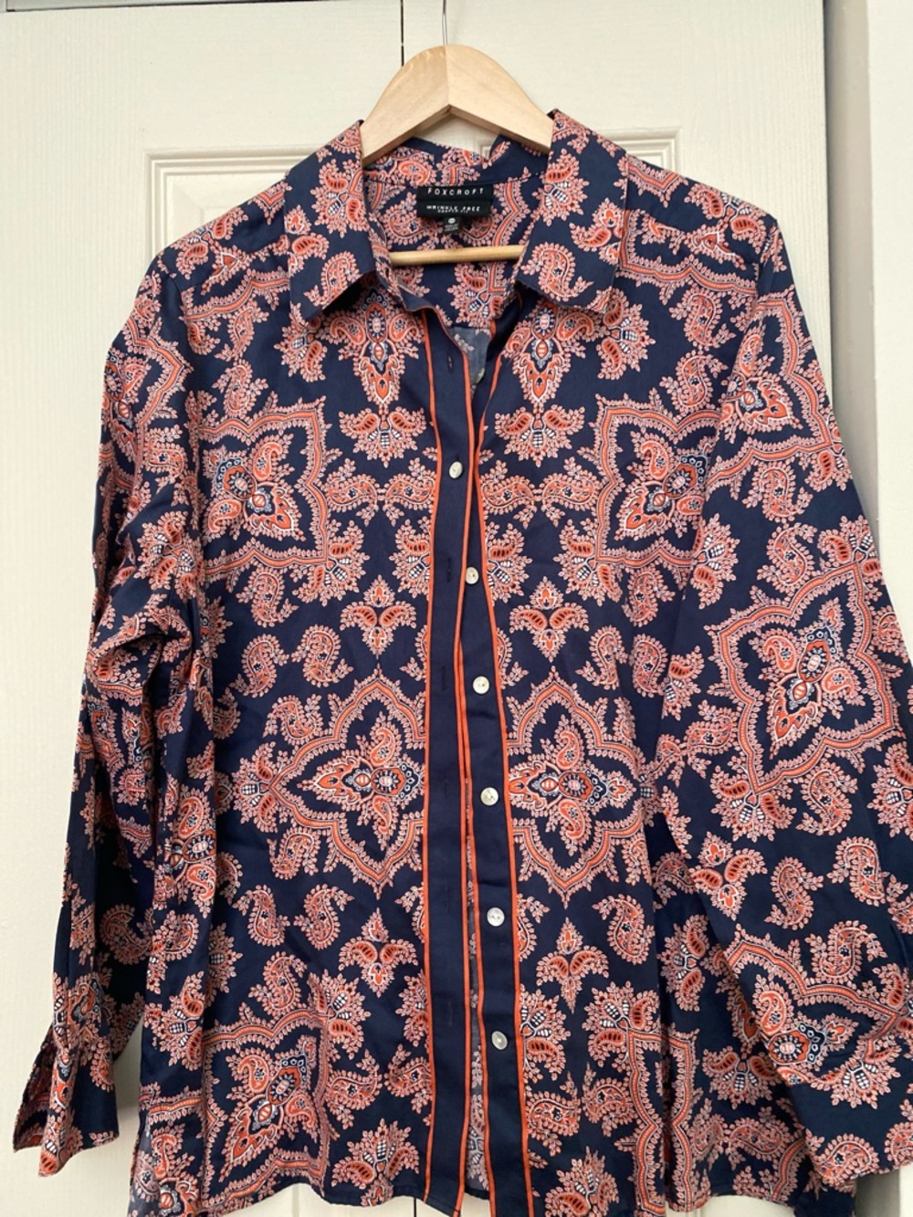 Foxcroft Navy and Coral Paisley Button-Down Shirt